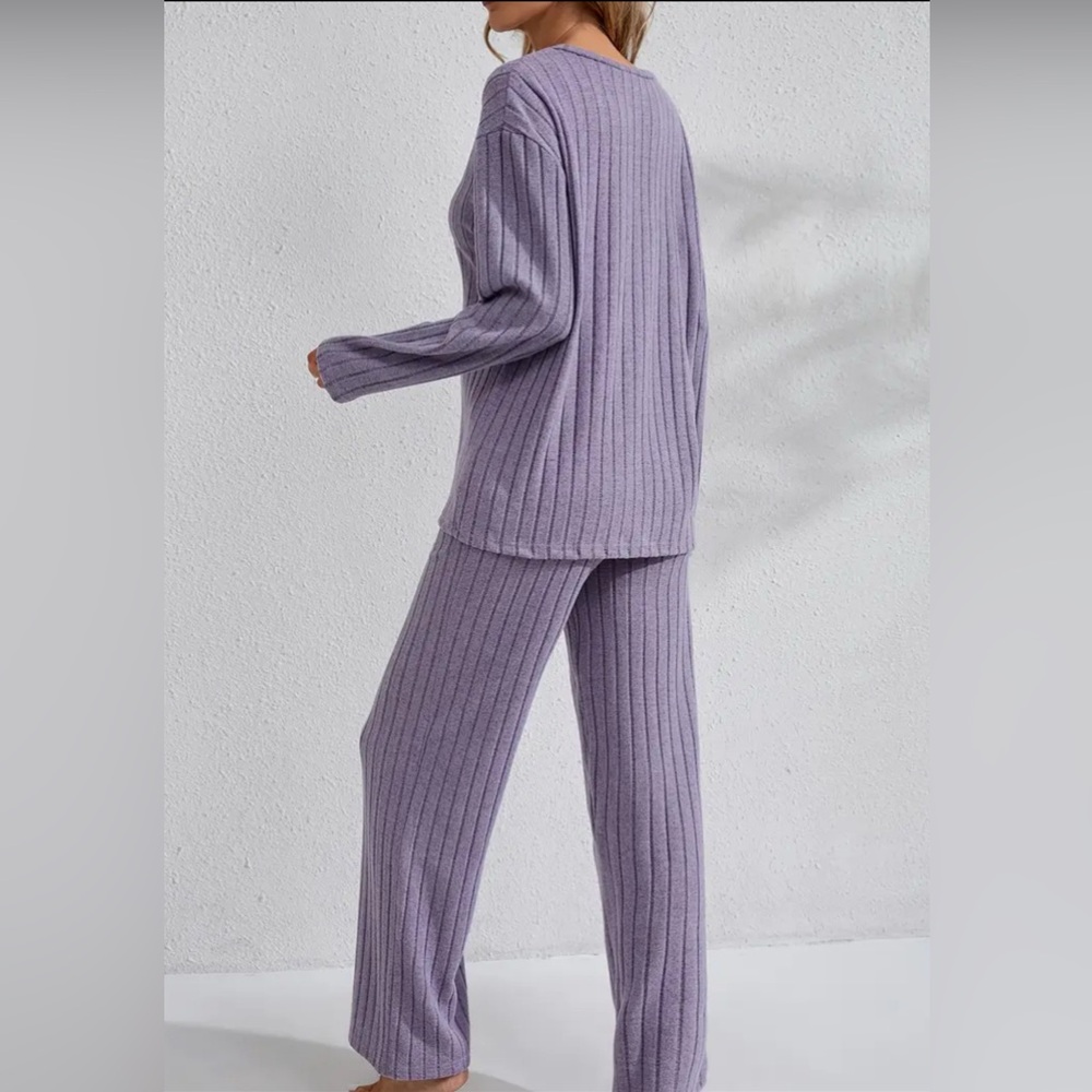 Lounge Set Cozy Purple Ribbed V Neck M Wide Leg High Waist new boutique - Picture 4 of 6